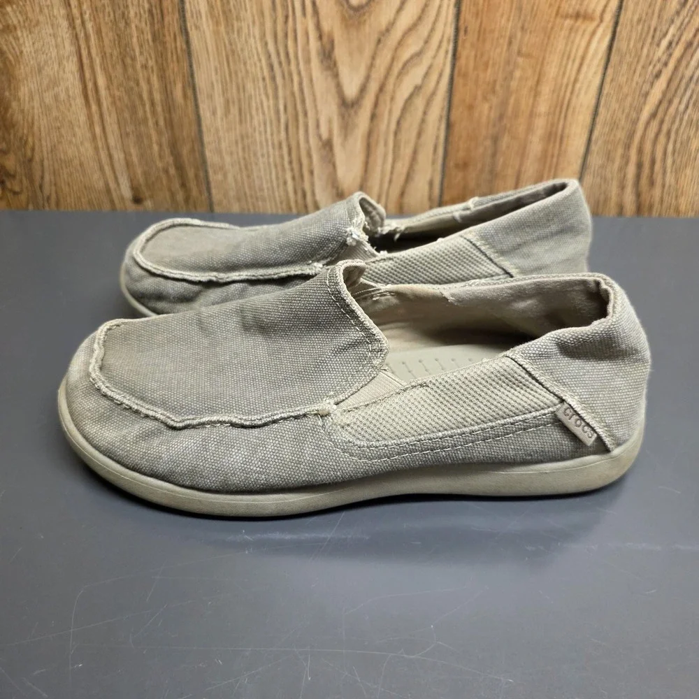 Crocs Loafer Shoes Kids SZ J 6 Beige Canvas Slip On Comfort Casual 204025